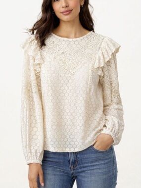 Express White Lace Blouse Ruffle Long Sleeve Romantic Cottagecore Size Medium